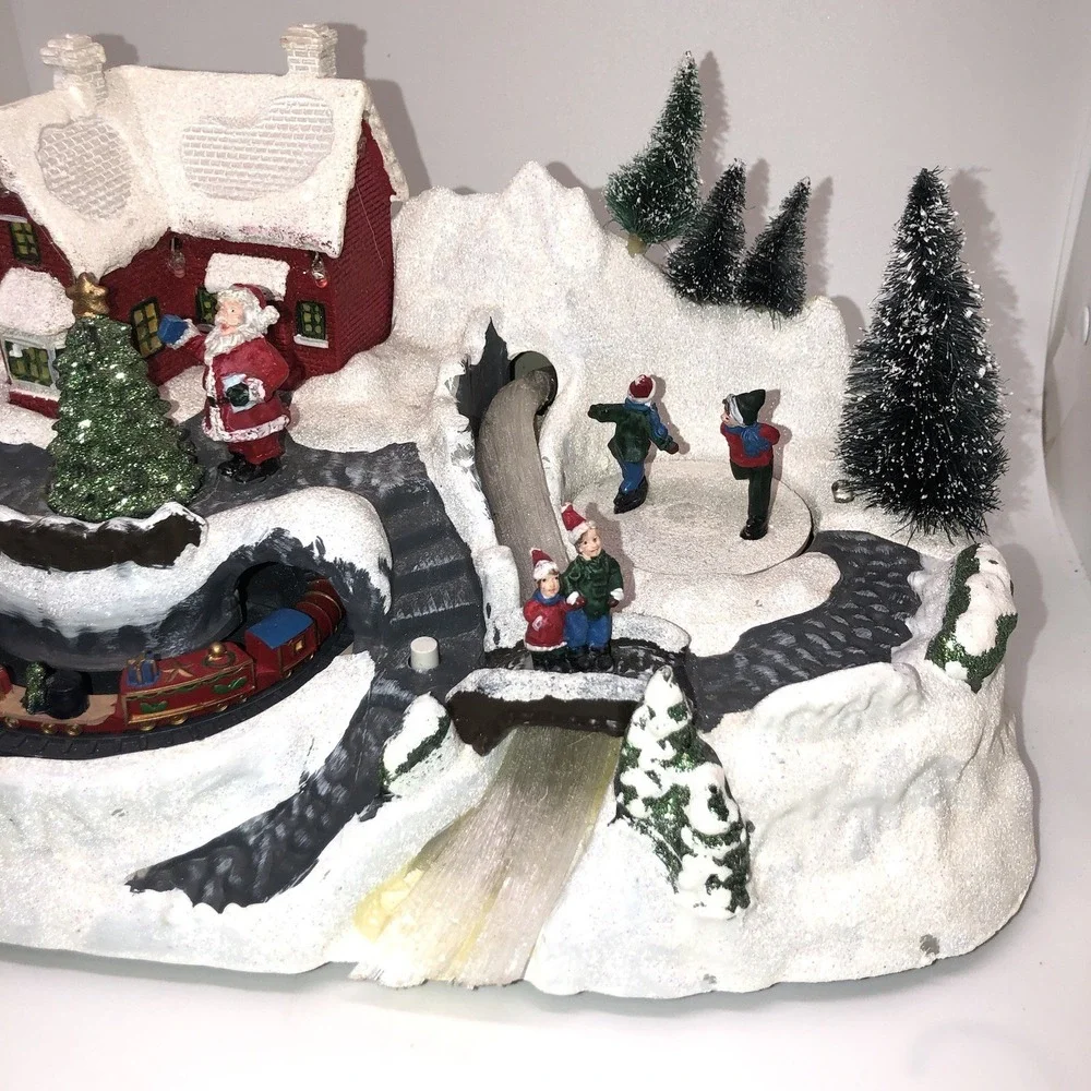 WORKING Holiday Christmas LED Fiber Optic Village Train Skaters Santa Bridge
